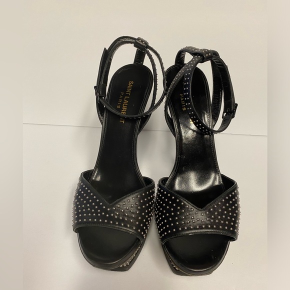 YSL Saint Laurent ankle strap studded sandals heels leather black 37.5 - Picture 5 of 11